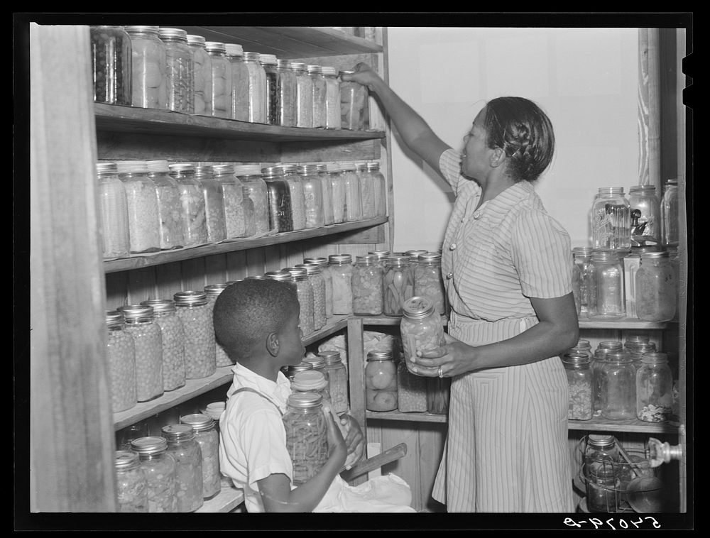 [Untitled photo, possibly related to: FSA (Farm Security Administration) borrower's son getting some canned goods for dinner…