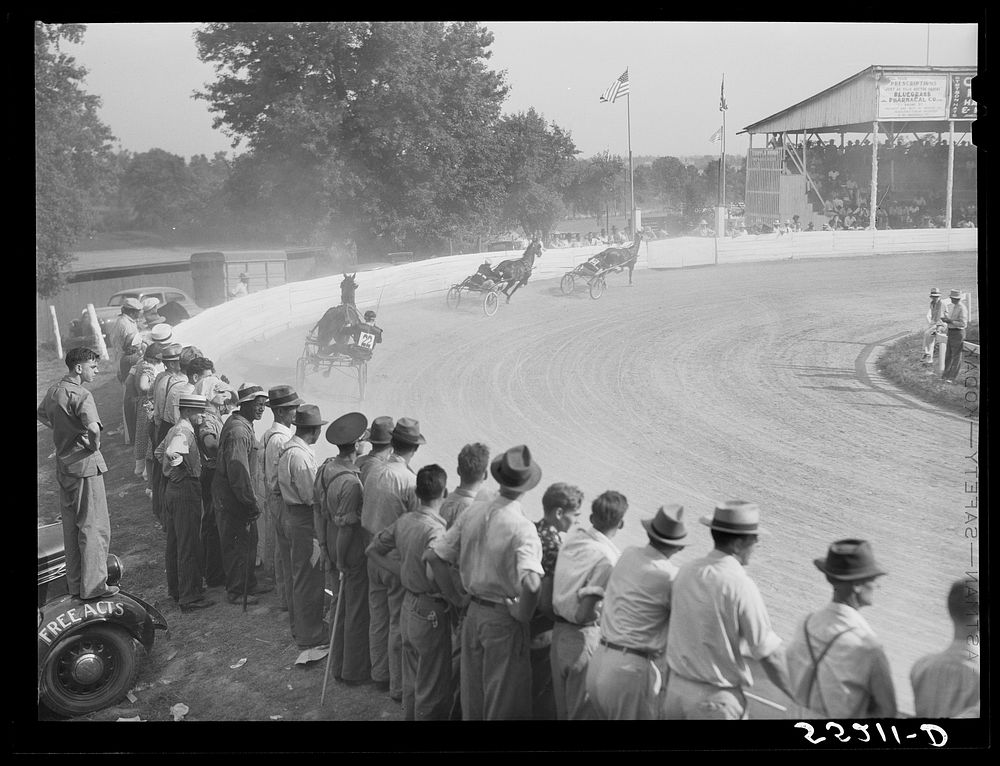 Sulky or harness races. Horse show, Shelby County fair. Shelbyville, Kentucky. Sourced from the Library of Congress.