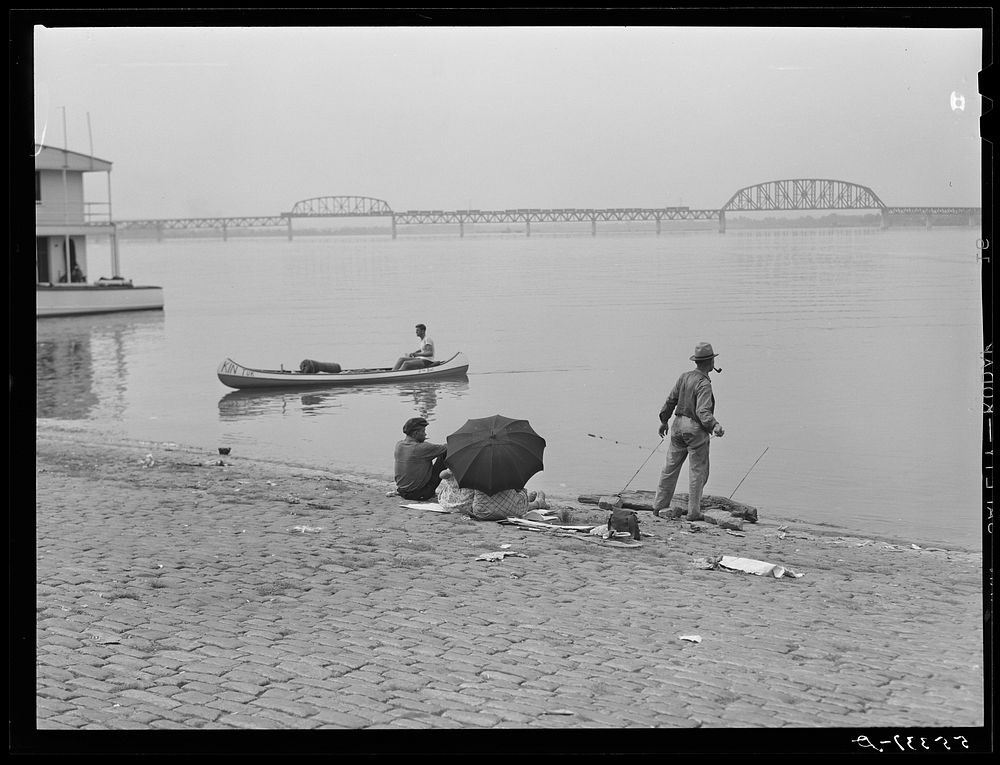 Fishing on Ohio riverfront in Louisville, Kentucky. Sourced from the Library of Congress.