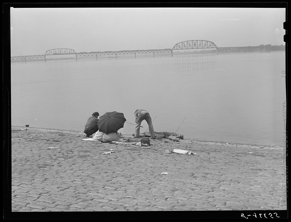 [Untitled photo, possibly related to: Fishing on Ohio riverfront in Louisville, Kentucky]. Sourced from the Library of…