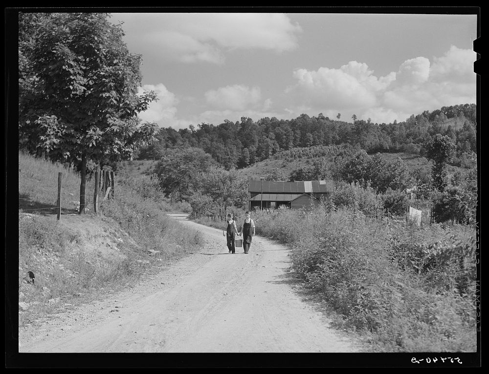 Children hauling water from nearby home to the school near Morehead, Kentucky. Sourced from the Library of Congress.