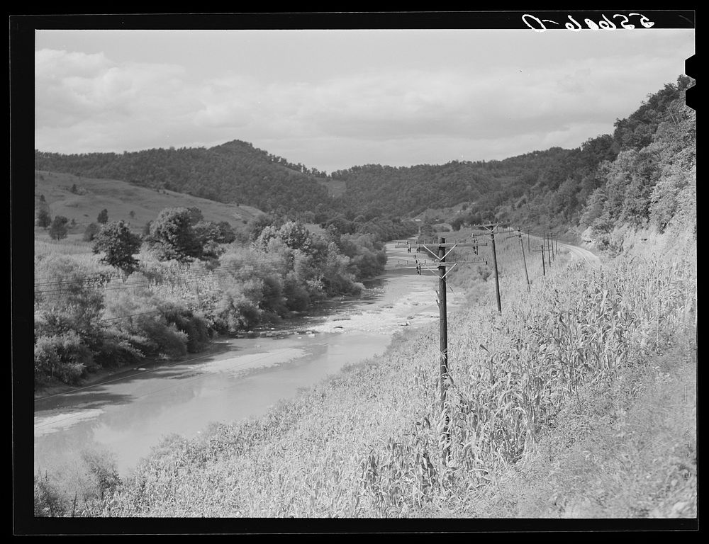 Kentucky River and cornfield along highway near Jackson, Kentucky, Breathitt County. Sourced from the Library of Congress.