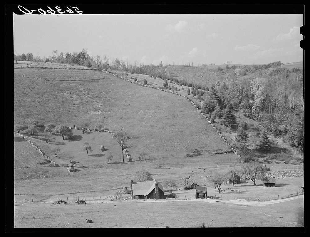 [Untitled photo, possibly related to: Looking down on farm from Blue Ridge Parkway, Virginia]. Sourced from the Library of…