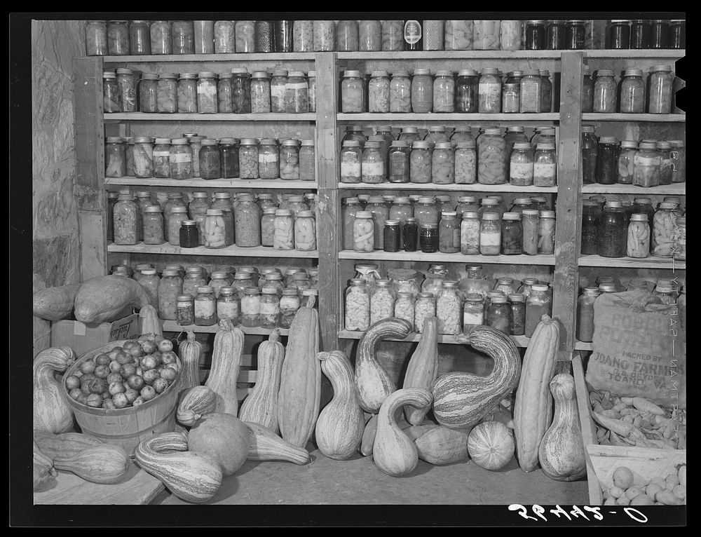 Part of the canned goods and home grown vegetables in the new storage house of Mr. and Mrs. William S. Allen. Southern…