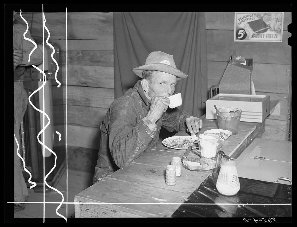 Construction worker from Camp Livingston eating in new cafe by entrance of camp. Alexandria, Louisiana. Sourced from the…