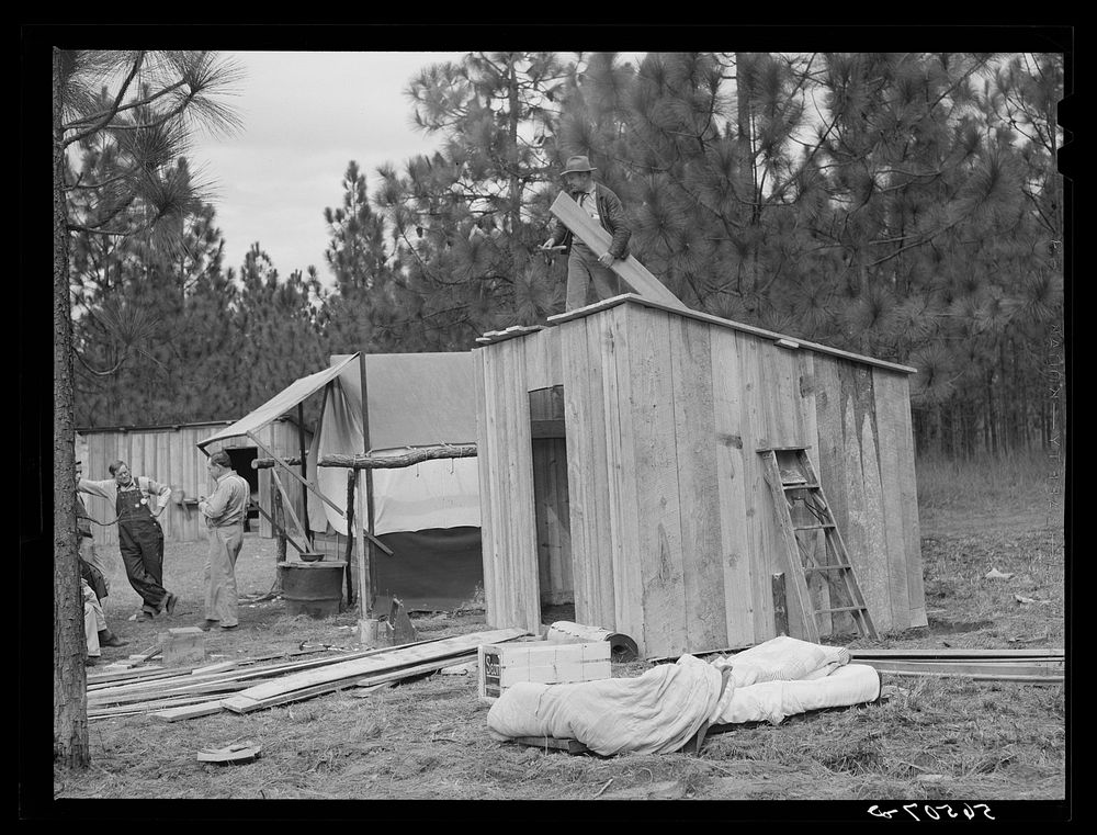 [Untitled photo, possibly related to: J.R. Jones from Monroe, Louisiana, building new shack to live in temporarily while…