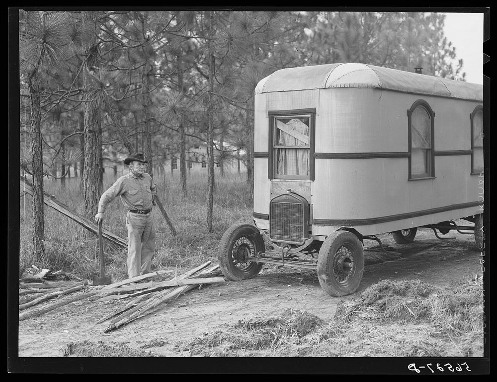Construction worker's trailer (home-made house car). He has a job at Camp Livingston. Alexandria, Louisiana. Sourced from…