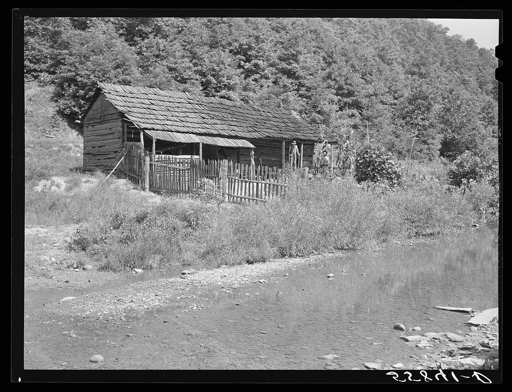 Mountaineer's cabin up South Fork of the Kentucky River. Breathitt County, Kentucky. Sourced from the Library of Congress.