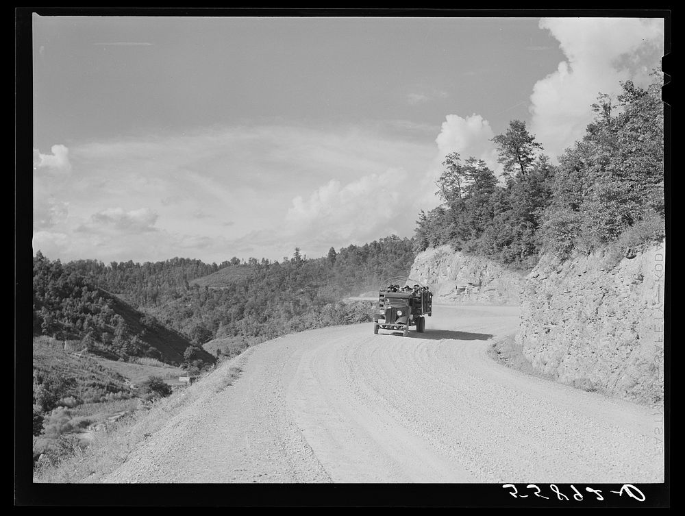 Gravel road down mountain near Hyden, Kentucky. Sourced from the Library of Congress.