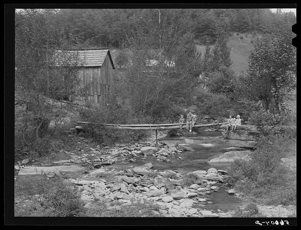 [Untitled photo, possibly related to: Farmhouses along creek bed in recently flooded area northwest of Asheville, North…