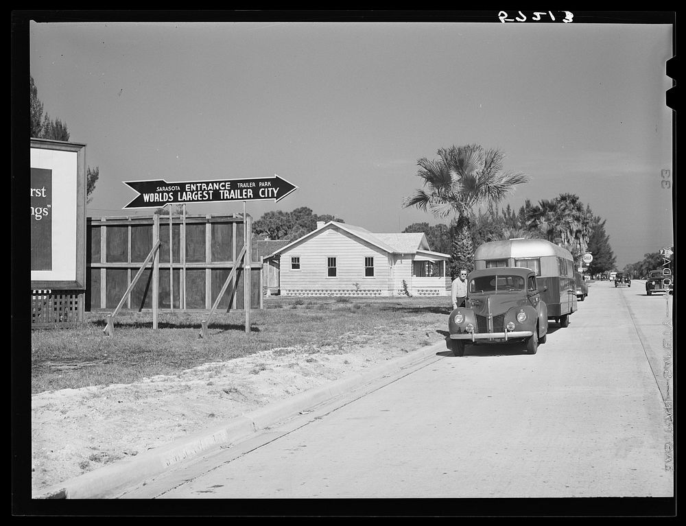 Entrance to Sarasota trailer park, world's largest trailer city. Sarasota, Florida. Sourced from the Library of Congress.