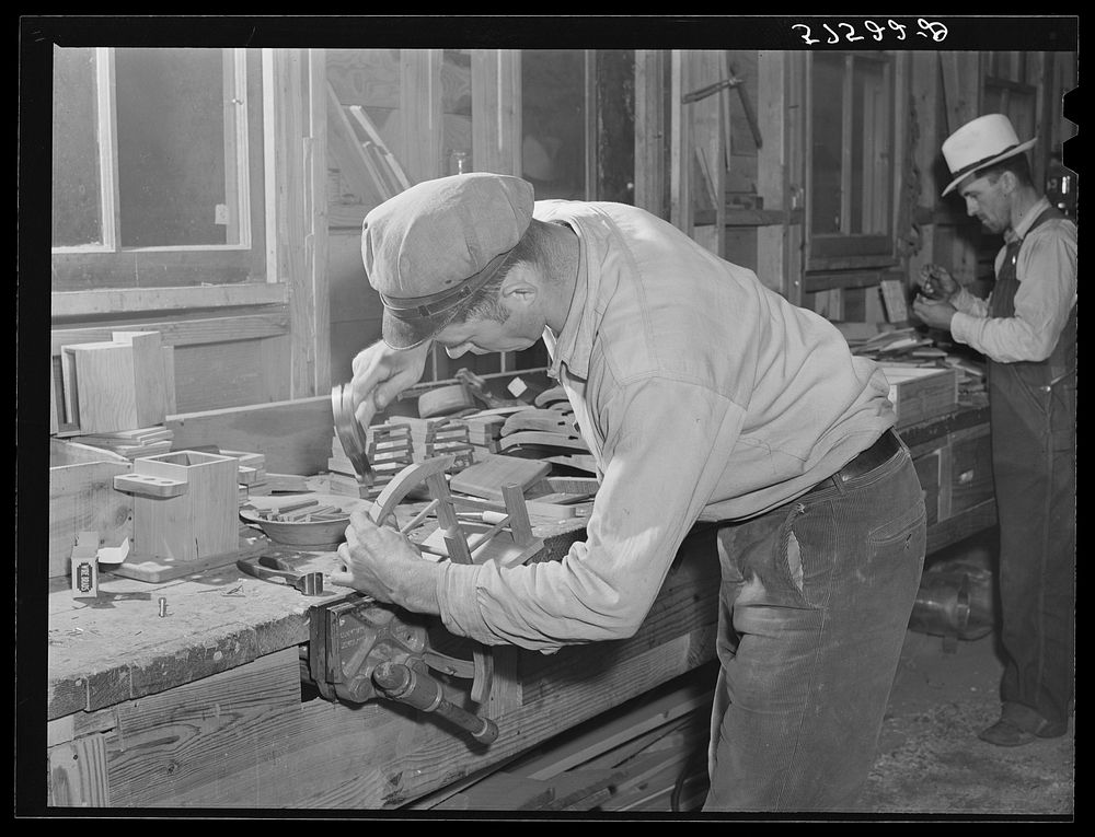 Woodworking in the arts and crafts shop on FSA (Farm Security Administration) project. Ida Valley Farms, Shenandoah…