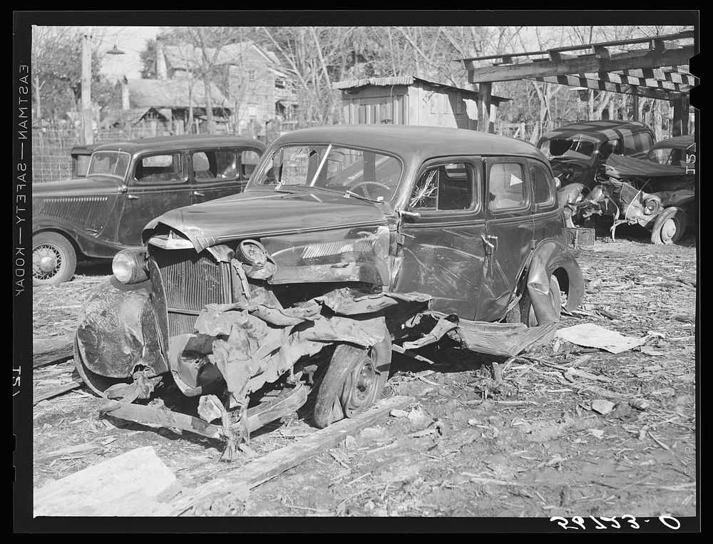 [Untitled photo, possibly related to: Wrecked car of construction worker. Starke, Florida]. Sourced from the Library of…