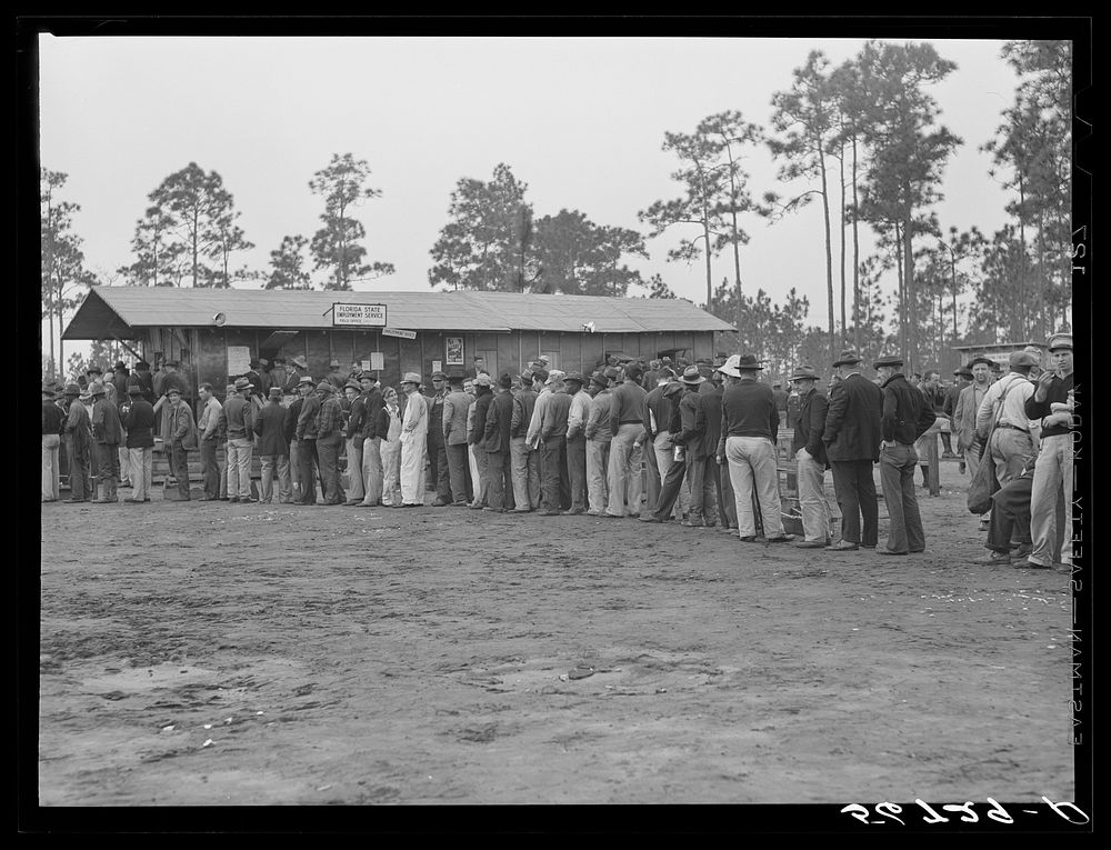 [Untitled photo, possibly related to: Carpenters and construction workers waiting outside Florida state employment office…