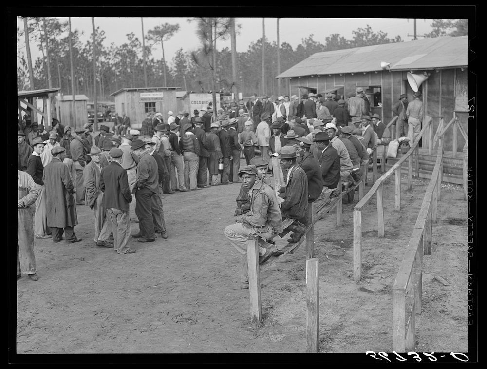 [Untitled photo, possibly related to: Carpenters and construction workers waiting outside Florida state employment office…