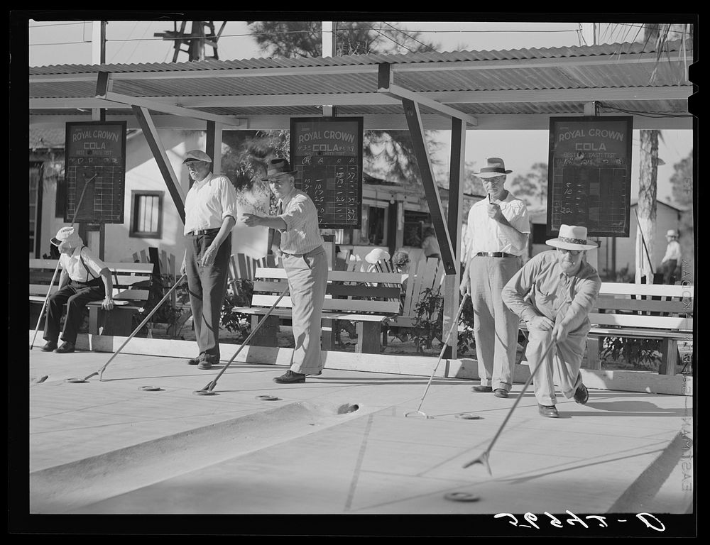 Playing shuffleboard. Sarasota trailer park, Sarasota, Florida. Sourced from the Library of Congress.