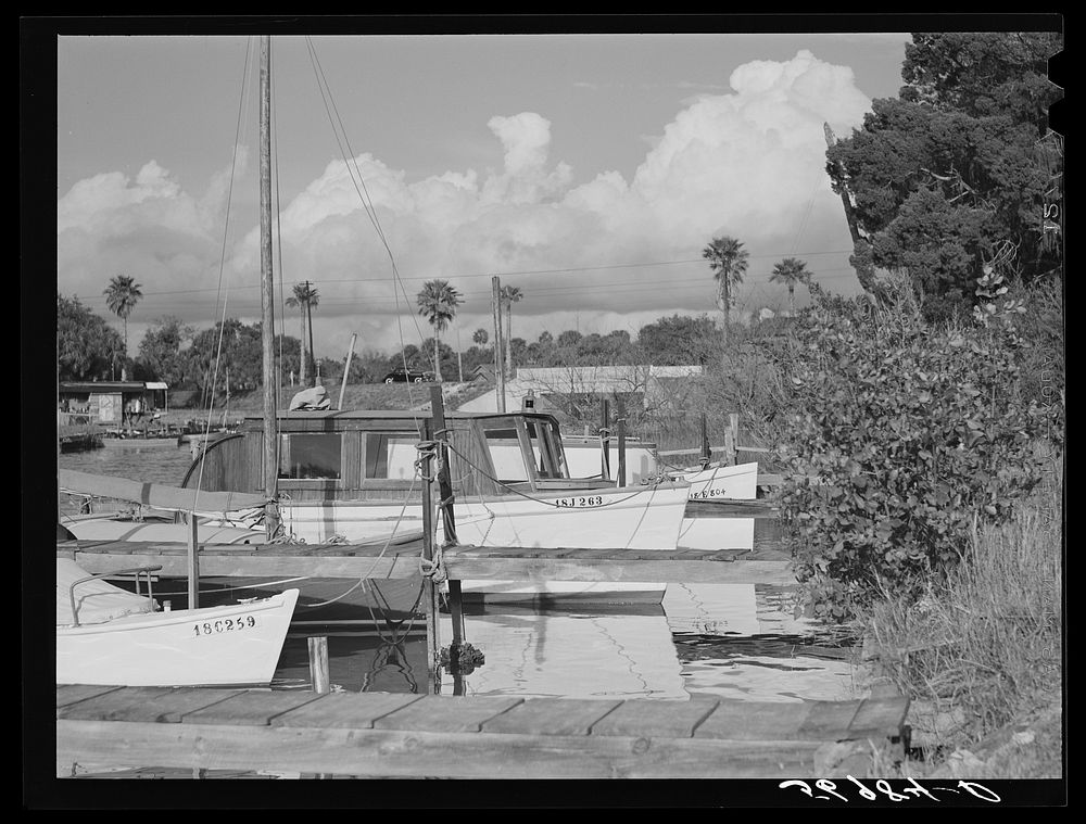 Fishing boats moored at docks. Sarasota trailer park, Sarasota, Florida. Sourced from the Library of Congress.