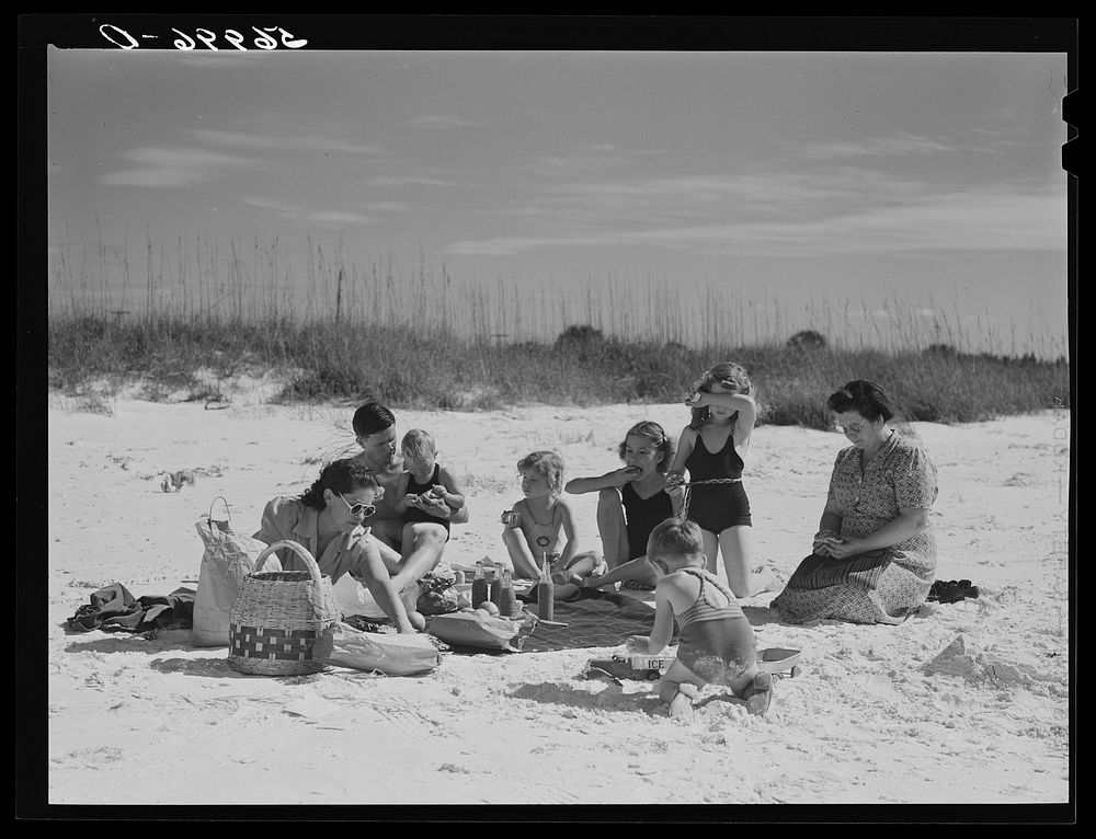 [Untitled photo, possibly related to: Guests of Sarasota trailer park, Sarasota, Florida, picnicking at the beach with their…