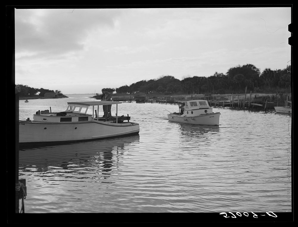 [Untitled photo, possibly related to: returning from fishing, guests of Sarasota trailer park glide into docks. Sarasota…
