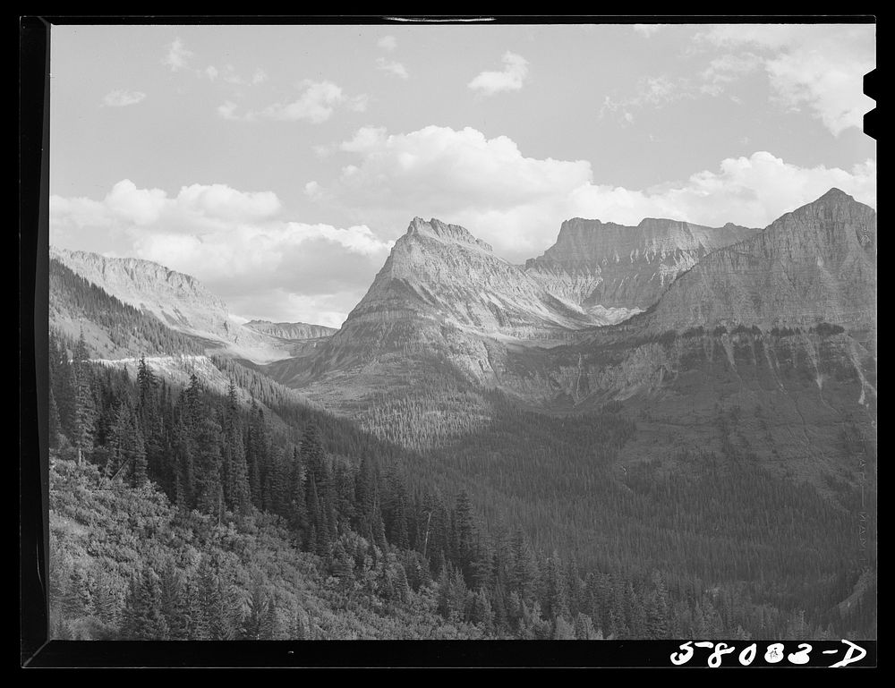 Mountains seen from highway. Glacier National Park, Montana. Sourced from the Library of Congress.