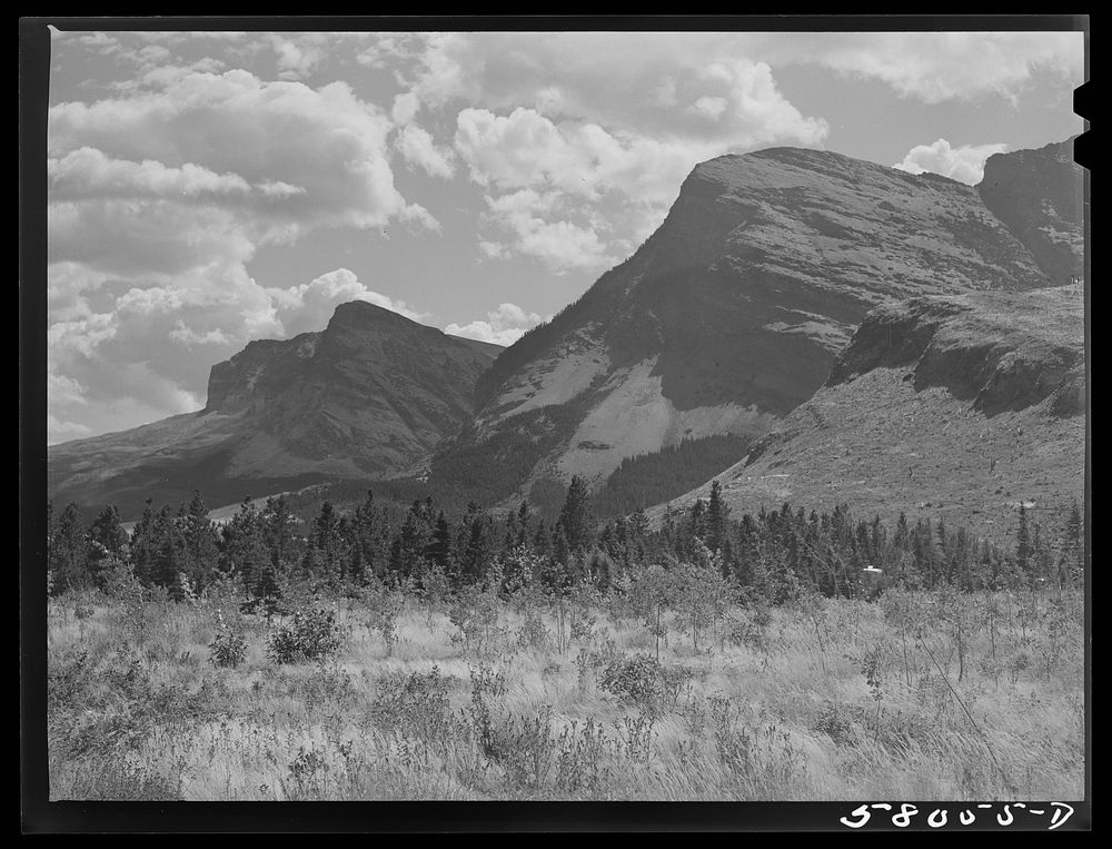 Mountains near Many Glacier highway. Glacier National Park, Montana. Sourced from the Library of Congress.