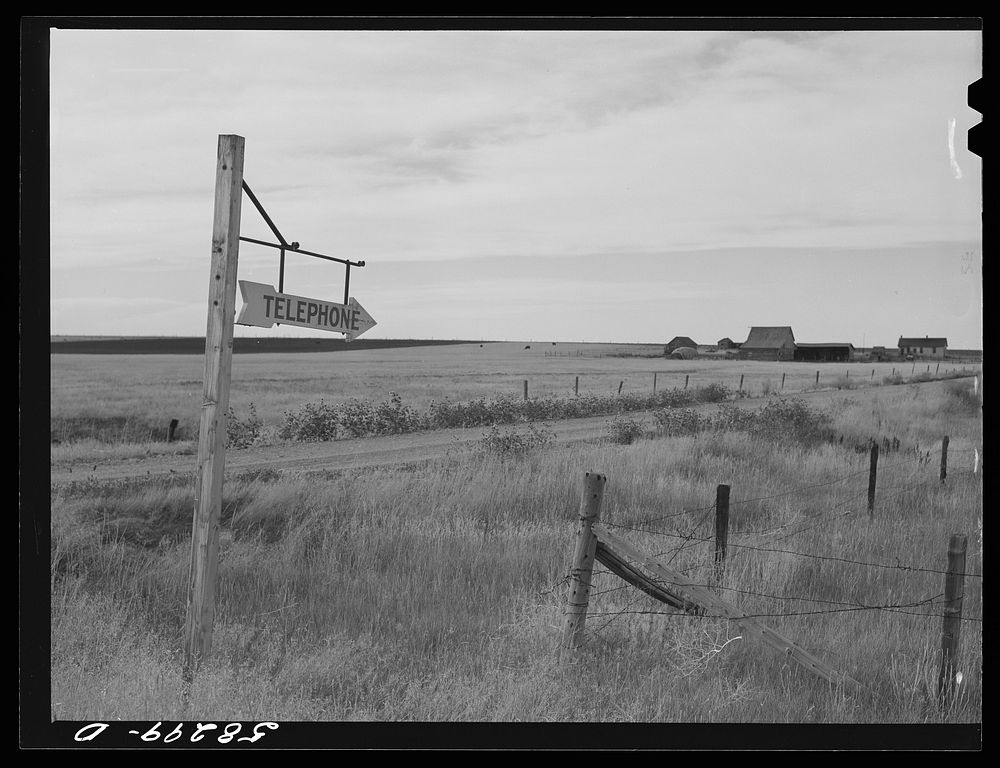 Telephone sign along highway. Judith Basin, Great Falls, Montana. Sourced from the Library of Congress.