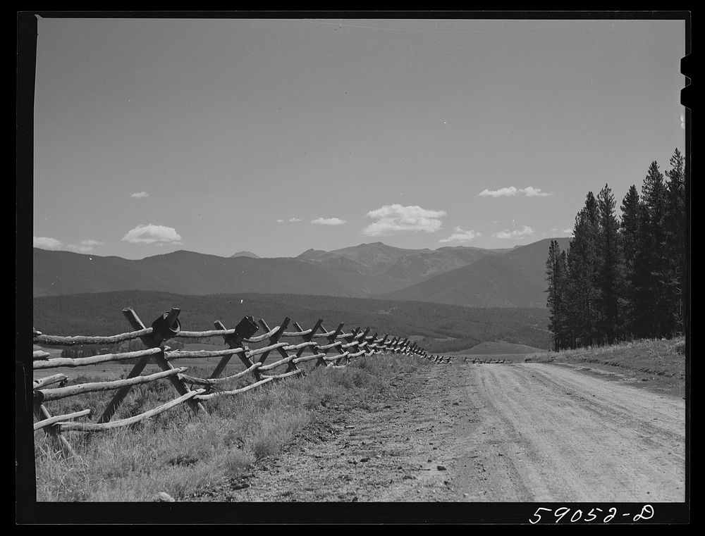 [Untitled photo, possibly related to: Rail fence around pasture and grazing lands. Near Granby, Colorado]. Sourced from the…