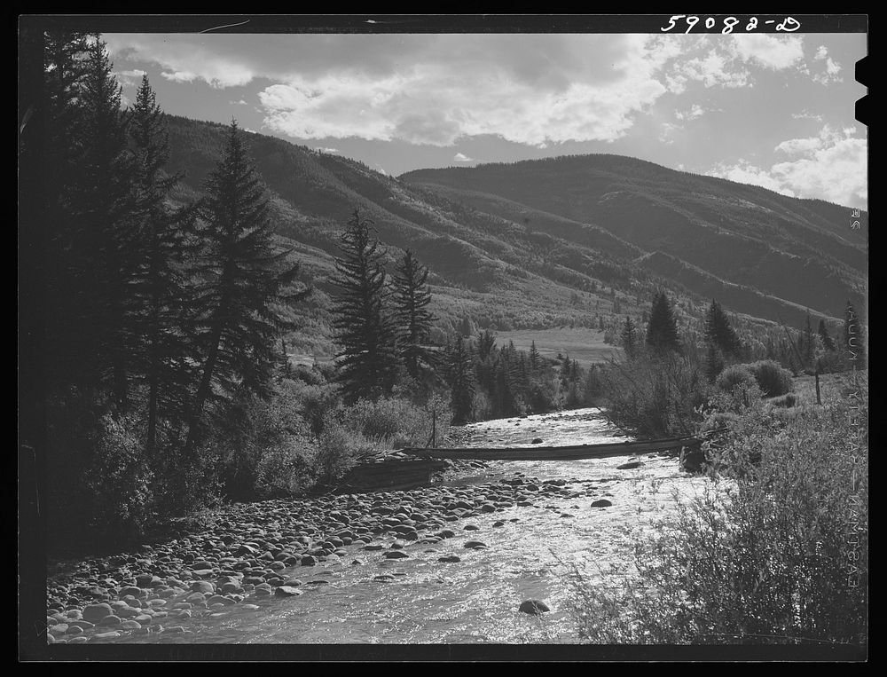 Log bridge across Frying Pan Creek from the road to the ranch house. Near Meredith, Colorado. Sourced from the Library of…