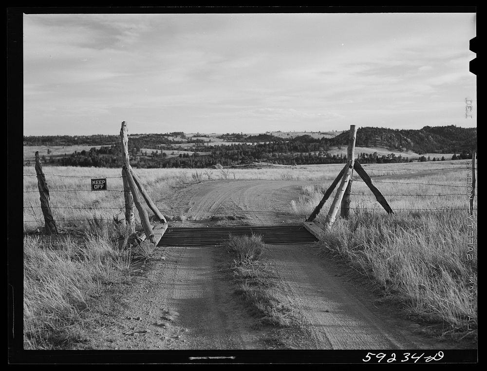 [Untitled photo, possibly related to: Cattle gate, grazing land on ranch near Buford, Wyoming]. Sourced from the Library of…