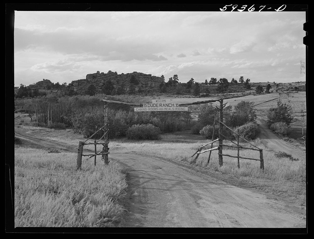 Gate entrance to Bar ED dude ranch. Buford, Wyoming. Sourced from the Library of Congress.