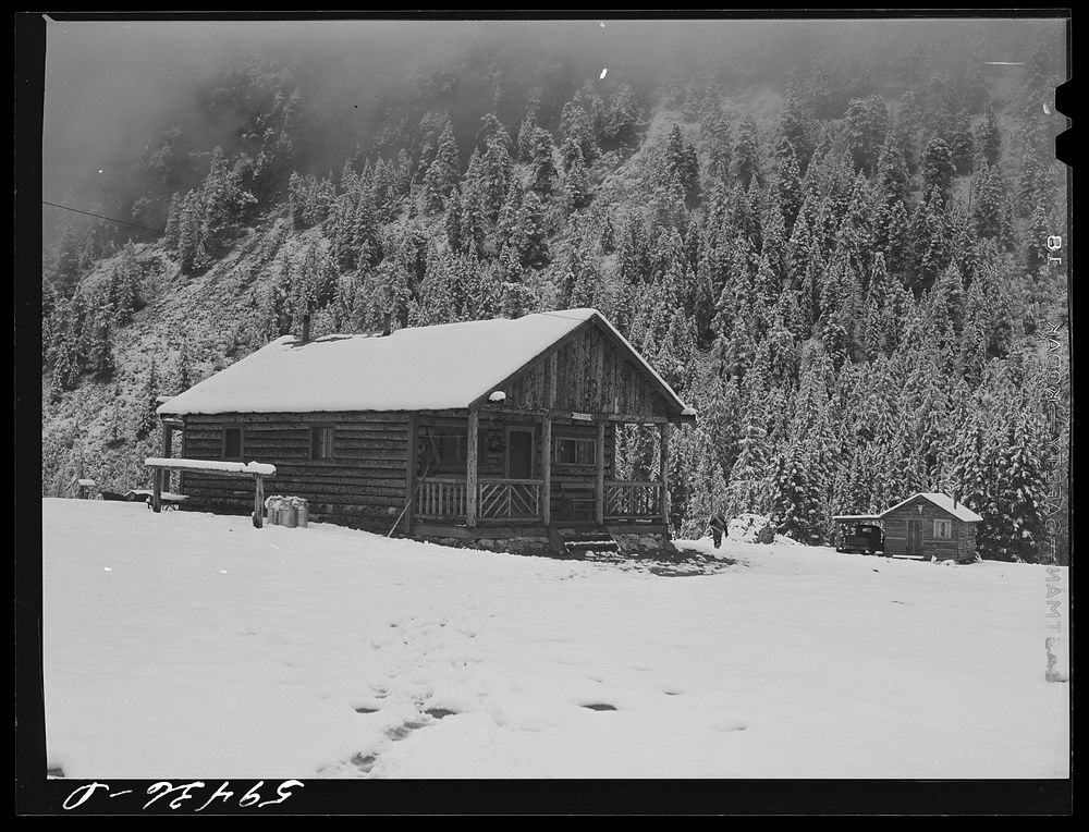 Cabins on ranch after early blizzard. Near Ashcroft Colorado. Sourced from the Library of Congress.