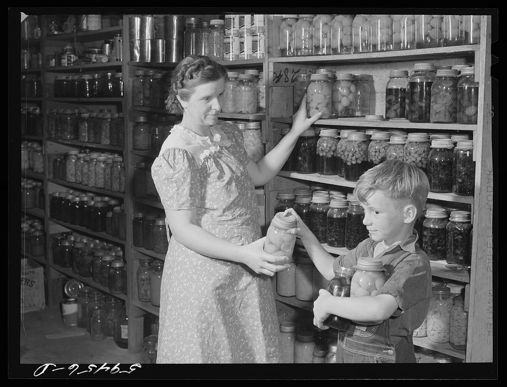 Mrs. Harvey Renninger and son in her home with canned goods. Two River Non-Stock Cooperative, FSA (Farm Security…