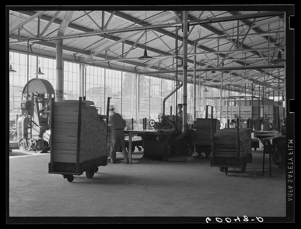 [Untitled photo, possibly related to: Dimension lumber plant at Tygart Valley Homesteads, West Virginia. They cut wood to…