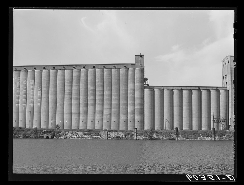 Grain elevators along Mississippi River. Saint Paul, Minnesota. Sourced from the Library of Congress.
