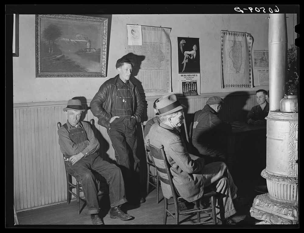 Men in lobby of thirty-five cents hotel. Dubuque, Iowa. Sourced from the Library of Congress.