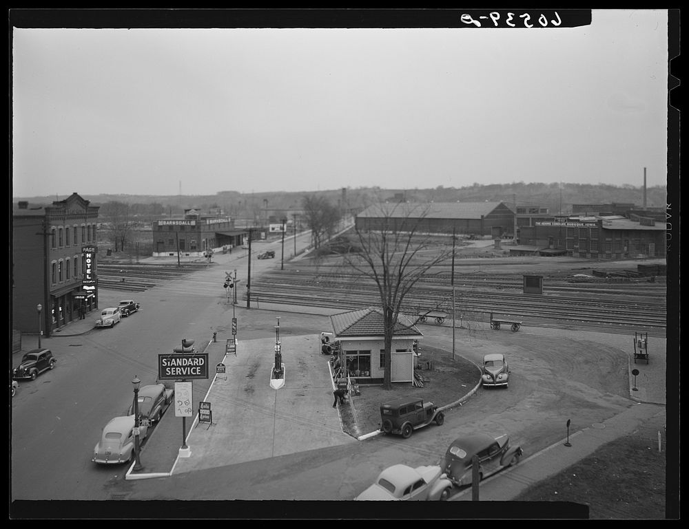 [Untitled photo, possibly related to: Gas station on rainy day. Dubuque, Iowa]. Sourced from the Library of Congress.