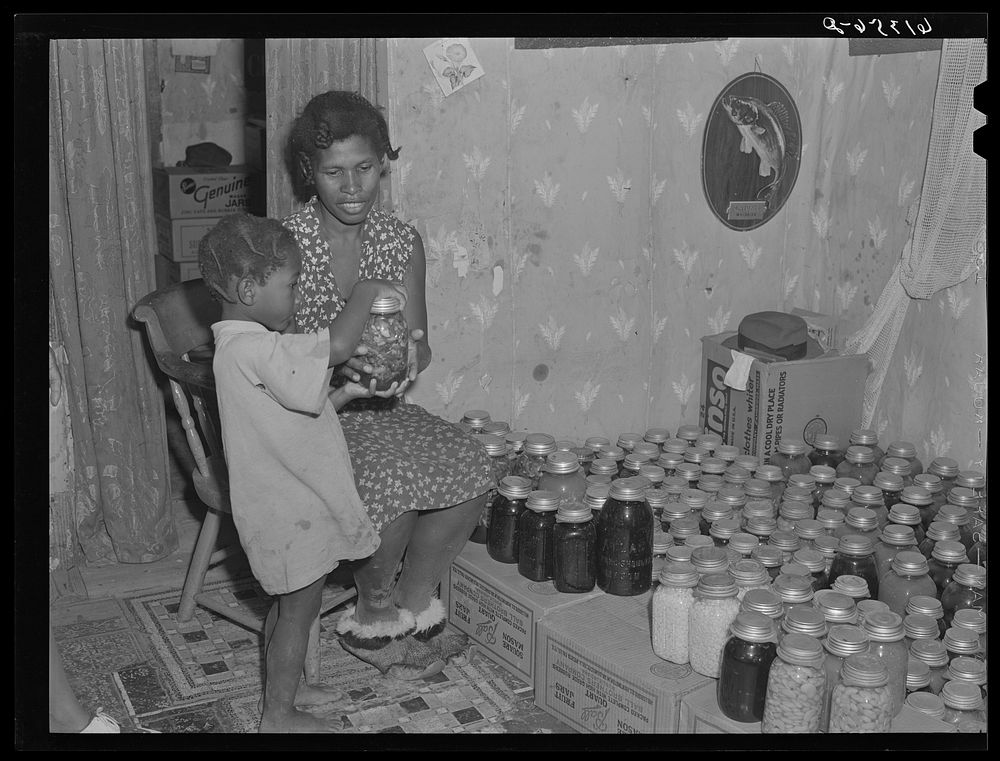 Mrs. Calip White and daughter with fruit and vegetables canned for the winter. Near Scotland, Saint Mary's County, Maryland.…