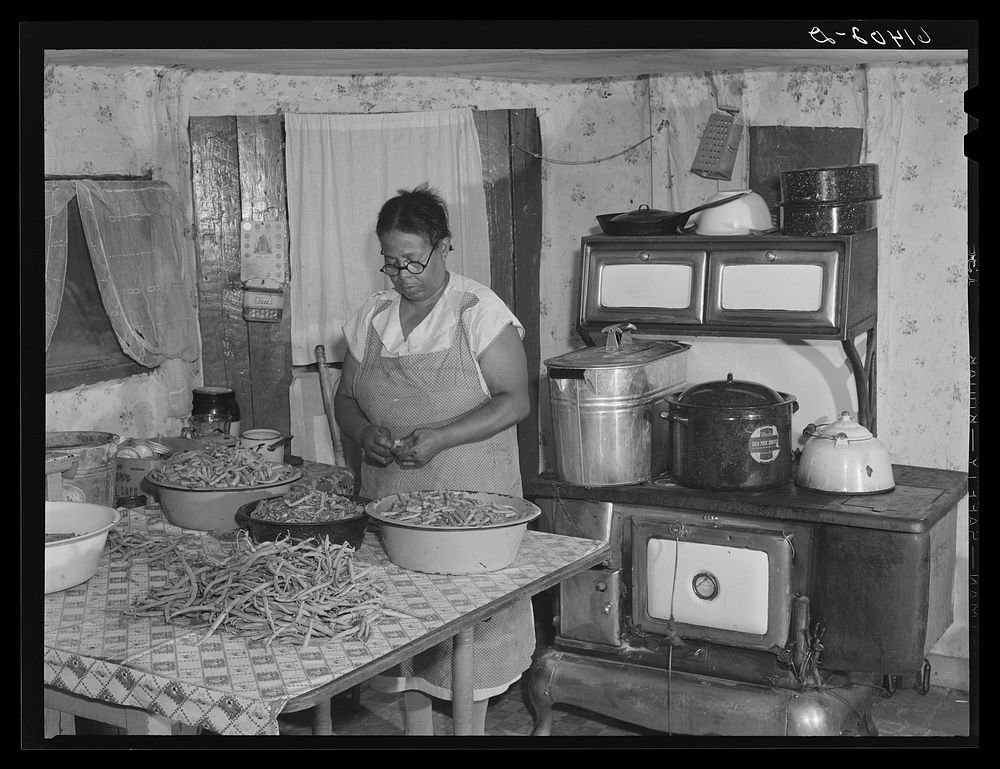 Mrs. Eugene Smith, FSA (Farm Security Administration) borrower, canning string beans. Saint Mary's County, Maryland. Sourced…