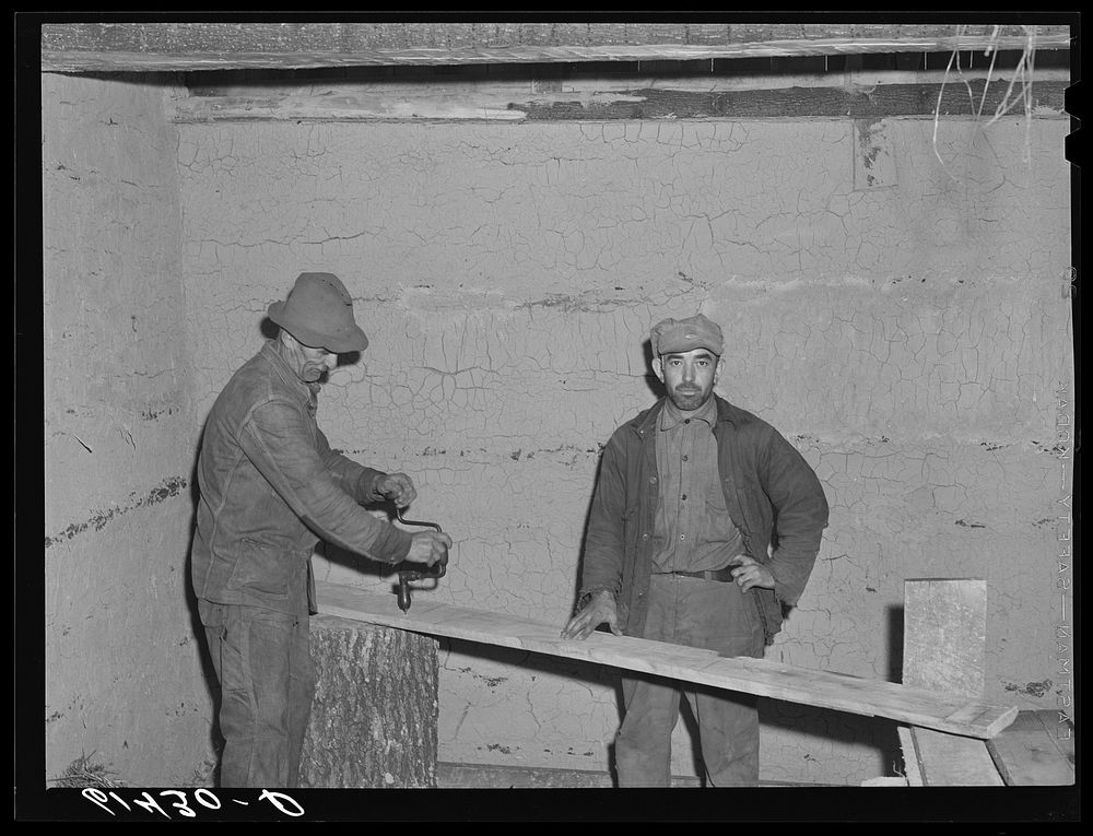 Mr. Irving and son, FSA (Farm Security Administration) borrowers, building a log cabin. The inside walls are plastered with…