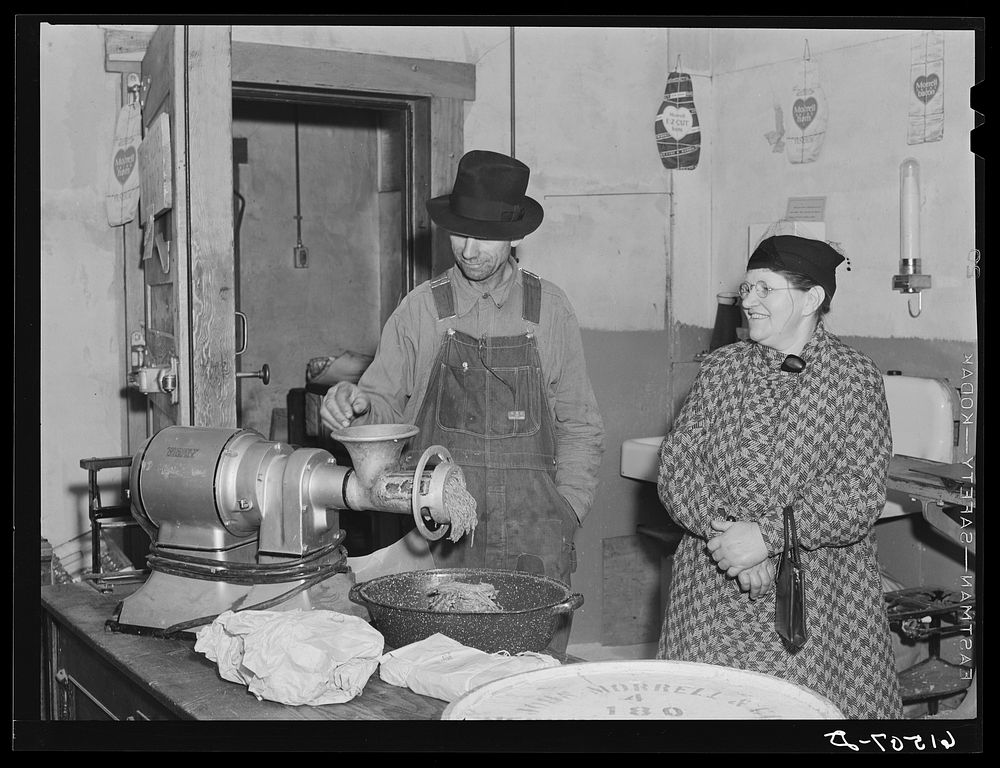 Grinding meat at co-op cold storage lockers. Castleton, North Dakota. Sourced from the Library of Congress.