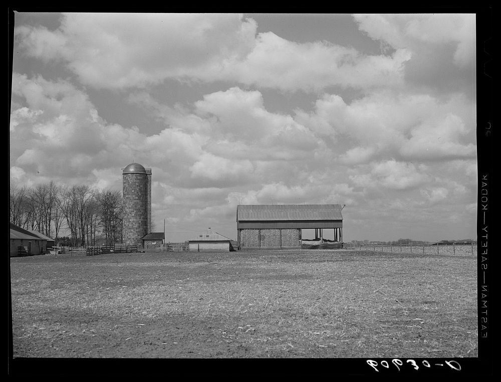 Silo and corn crib. Grundy County, Iowa. Sourced from the Library of Congress.