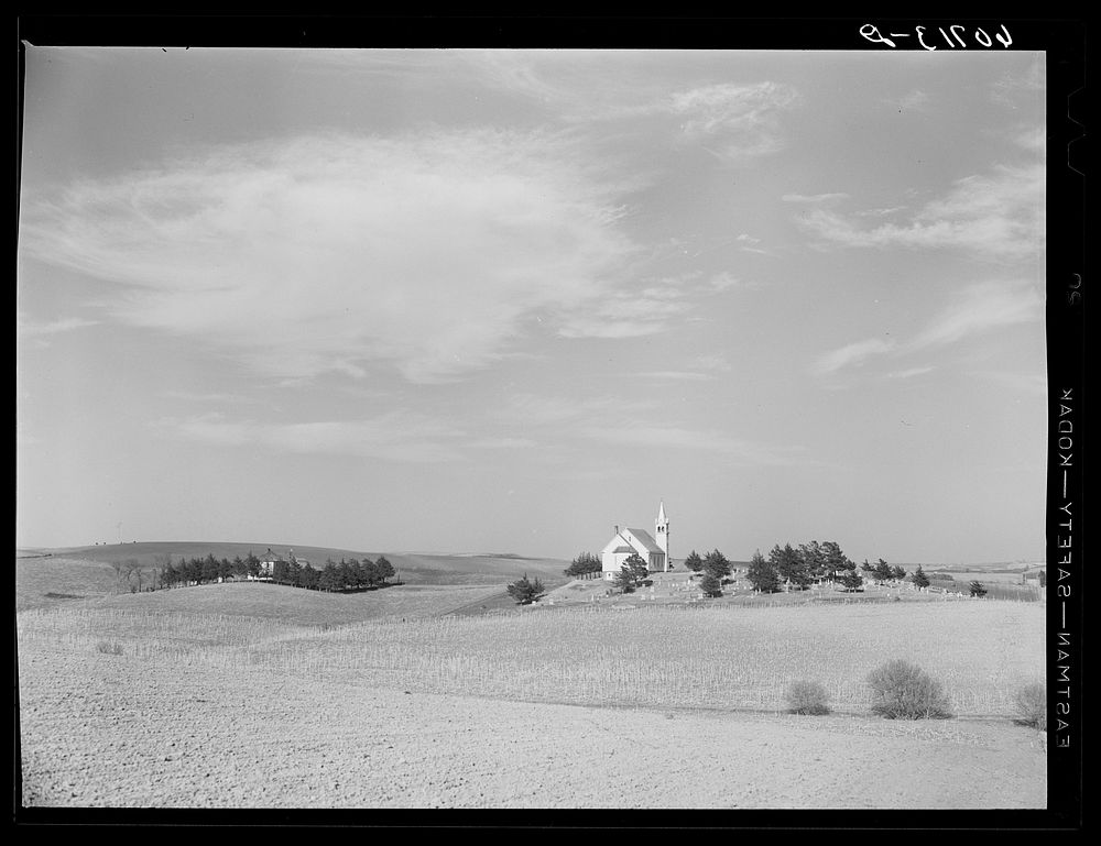 Country church and cornfield. Monona County, Iowa. Sourced from the Library of Congress.