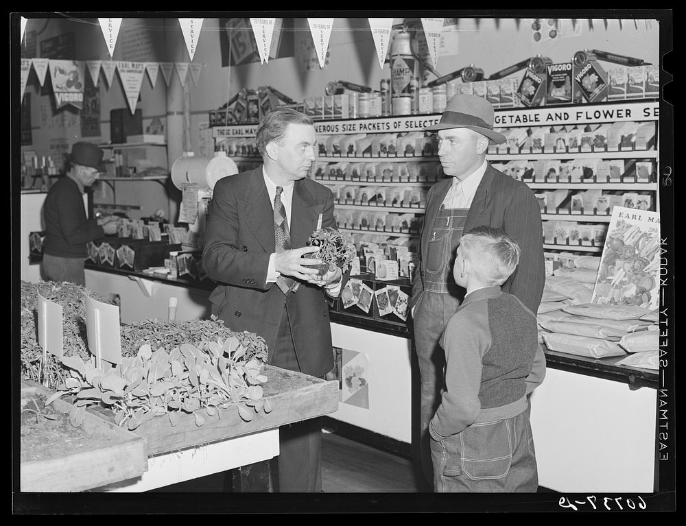Manager of seed store selling farmer a plant. Marshalltown, Iowa. Sourced from the Library of Congress.