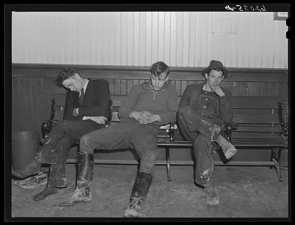 Men from out of town spending the night in railroad station. Radford, Virginia. Sourced from the Library of Congress.