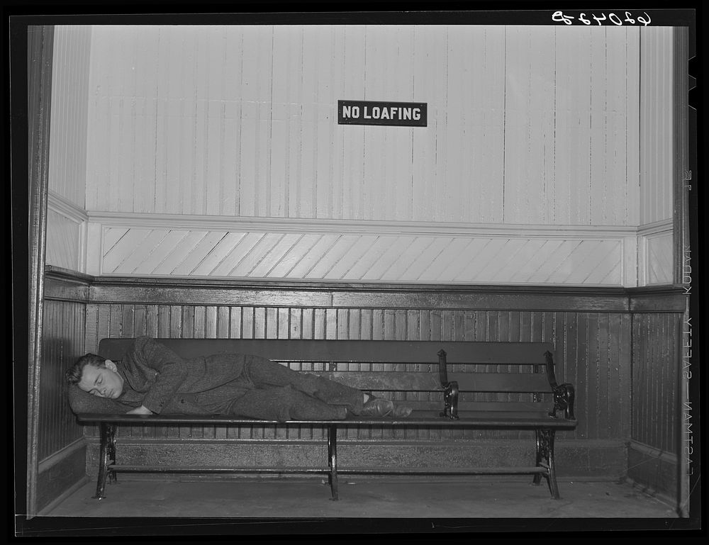 Boy from out of town sleeping in railroad station. Radford, Virginia. Sourced from the Library of Congress.
