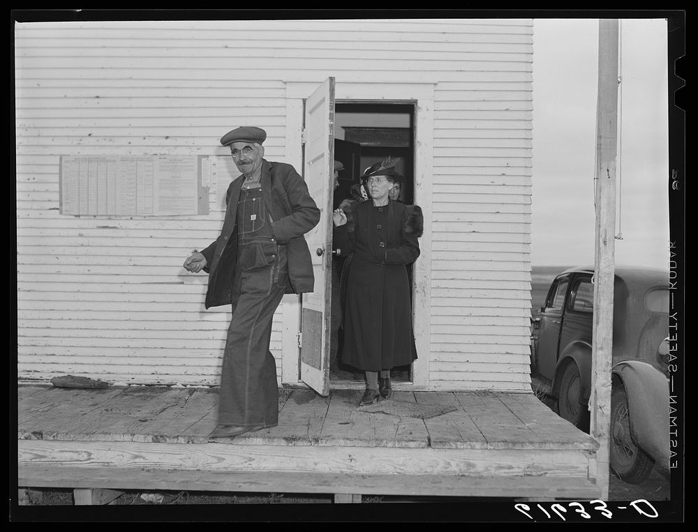 Coming out of schoolhouse after voting. November election, 1940. McIntosh County, North Dakota. Sourced from the Library of…