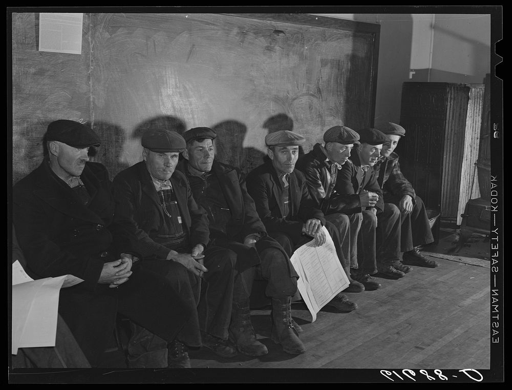 German-Russian farmers waiting to vote in presidential election, November 1940. Beaver Creek precinct, McIntosh County…