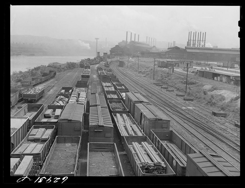 Railroad cars at Jones Laughlin steel works. Pittsburgh, Pennsylvania. Sourced from the Library of Congress.