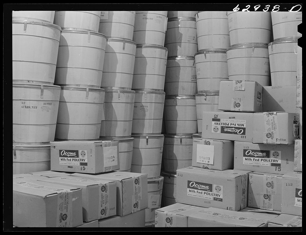 Butter and poultry in cold storage at Fulton Market cold storage plant. Chicago, Illinois. Sourced from the Library of…