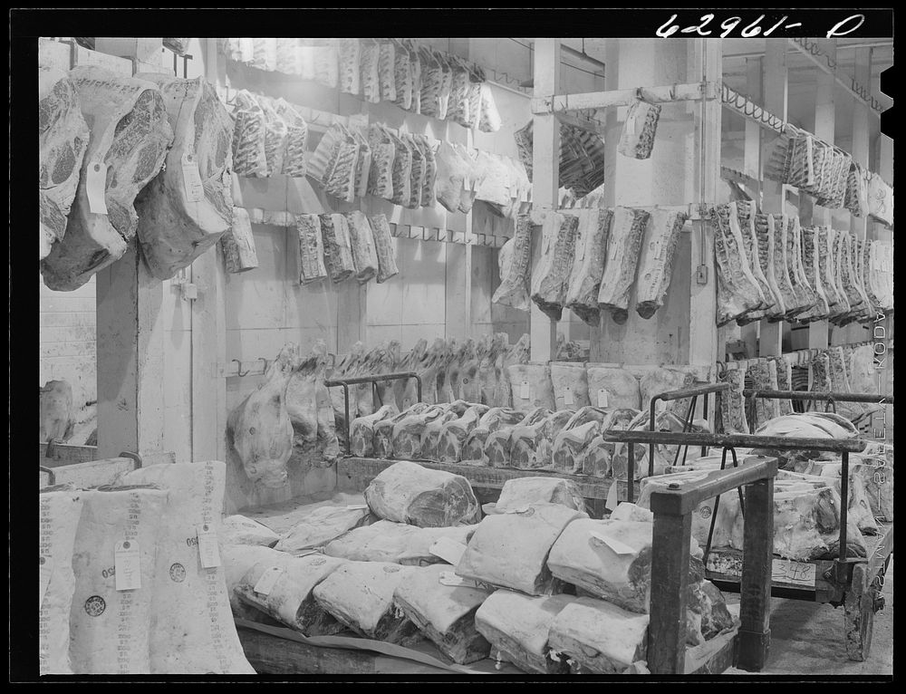 Meat in cold storage. Davidson Meat Company, suppliers of hotels, restaurants, etc. Chicago, Illinois. Sourced from the…
